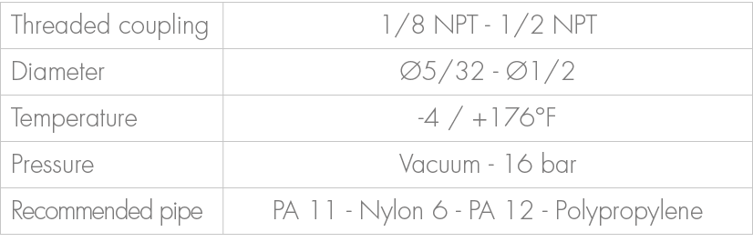 Threaded coupling,1/8 NPT 1/2 NPT,Diameter, 5/32 1/2,Temperature, 4 / +176°F ,Pressure,Vacuum 16 bar ,Recommended pi...