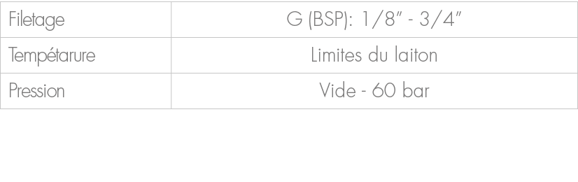 Filetage,G (BSP): 1/8” 3/4”,Temp tarure,Limites du laiton,Pression,Vide 60 bar