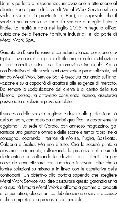 Un mix perfetto di esperienza, innovazione e attenzione al cliente: sono i punti di forza di Metal Work Service srl c...